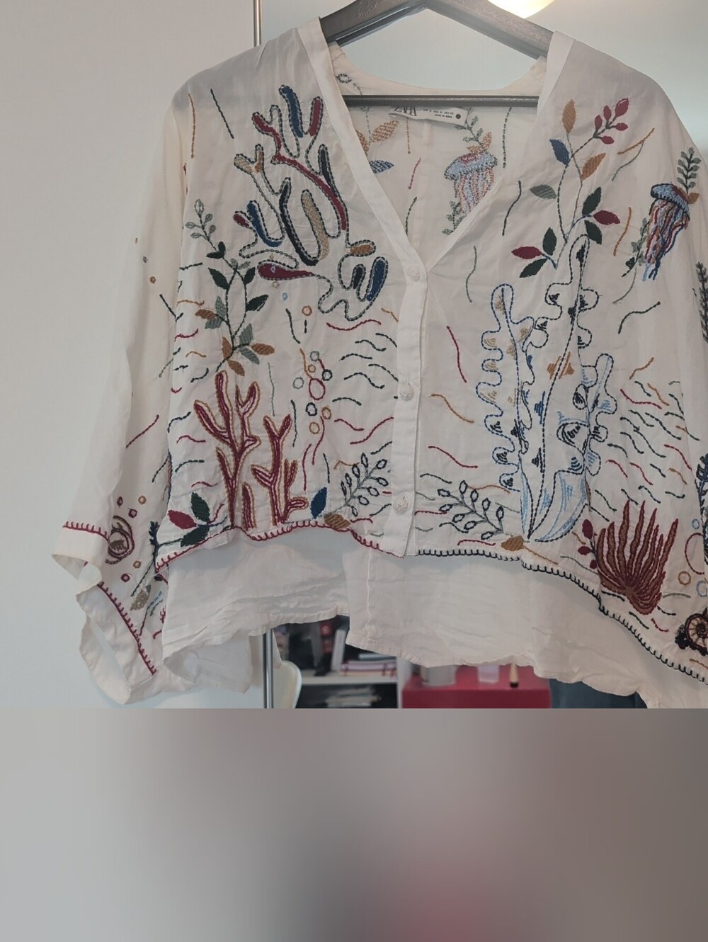 Zara White Embroidered V-Neck Boxy Crop Blouse
